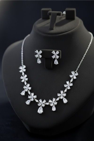 OSMANLI GÜMÜŞ Women's Bijouterie Necklace Earring Set - Luna Model Zircon Sto...