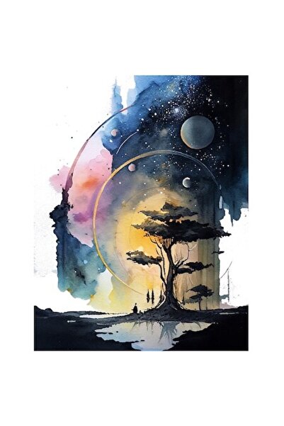 OEM Autocolant peisaj bizare - planete pe cer, copac în lac, vinil PVC multic...