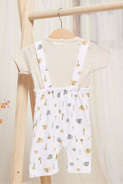 REDTAG Baby White And Beige Printed Dungaree Set (2 Piece)