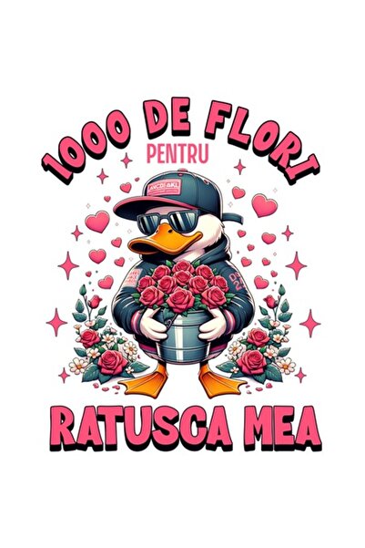 OEM Autocolant cu rață albă și buchet de trandafiri, text amuzant „1000 de fl...