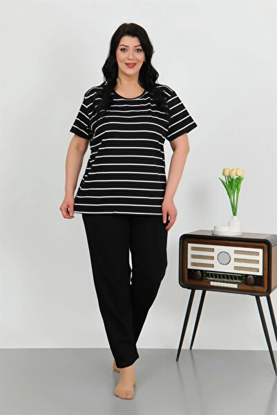 alfa expres Clothing Women's Plus Size Short Sleeve Combed Cotton Pajama Set Black