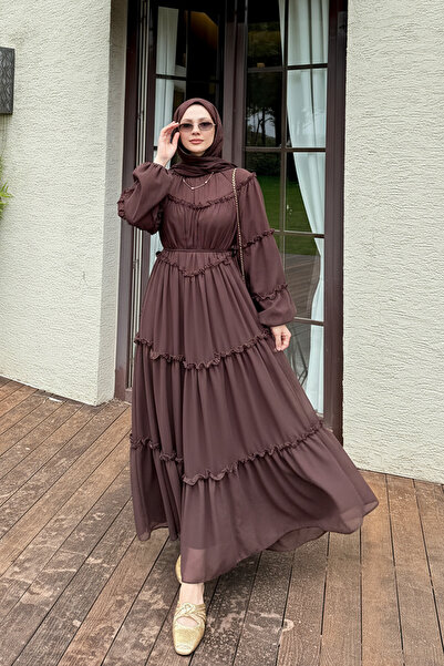 Salih Çelebi Şifon Fırfırlı Elbise 9886 - KAHVERENGİ