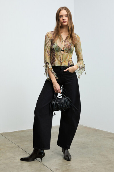 GRIMELANGE Zavine Women's Stretchy Printed and Soft Textured Mesh Fabric Ruffled Multi-Colored Blouse with an Agraf Closure