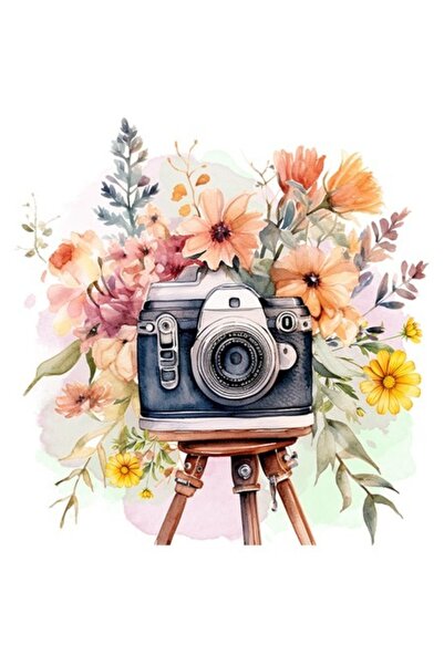 OEM Autocolant cu cameră foto și multe flori, fundal verde și roz, bordură al...