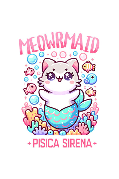 OEM Autocolant pisică sirenă fericită cu coadă albastră, pește colorat, text ...