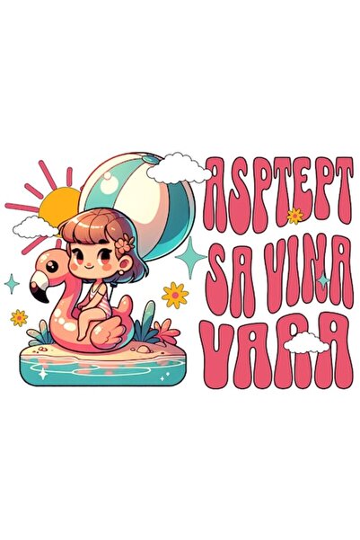 OEM Autocolant - Fată pe plutitoare Flamingo, plajă „Așteptând vara”, vinil P...