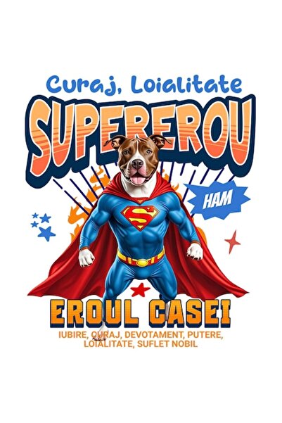 StoryGift Romania Pitbull Sticker - Dog in Superman Costume with Cape, Cartoon, White Border, PVC Vinyl 10 cm