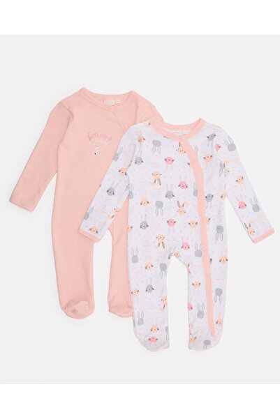 REDTAG Baby Pink And White Printed Sleepsuit Set (Pack Of 2)
