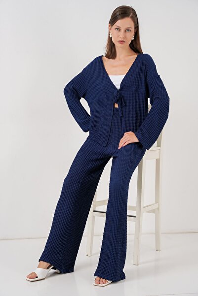 Hiccup Bdart Textured V-Neck Long Sleeve Blouse & Flare Pants Set