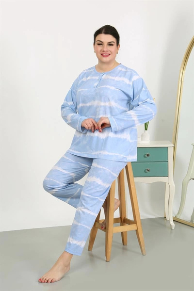 alfa expres Clothing Women's Plus Size Long Sleeve Combed Cotton Pajama Set Blue