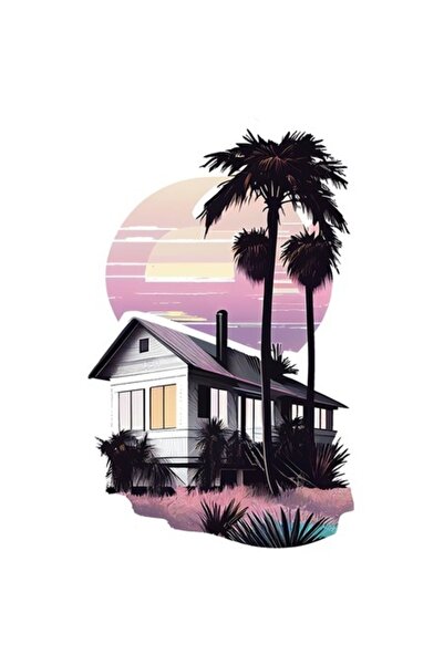 OEM Autocolant cu peisaj tropical, cabană cu apus de soare, copaci exotici, v...