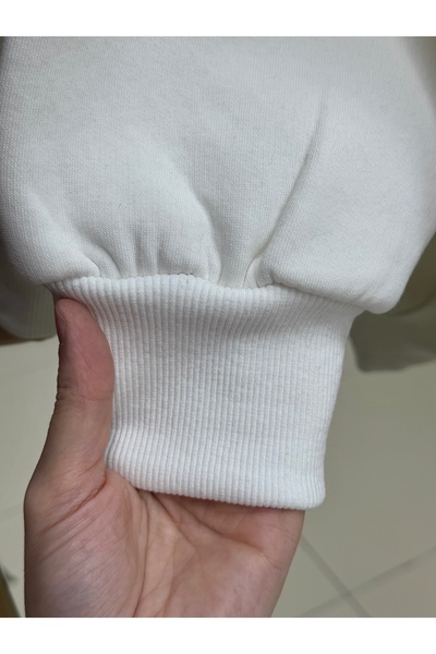 MİHRA STORE Banu Yandan Oval Pocket Oversized Hooded Three-String Sweat-Zn1644 White