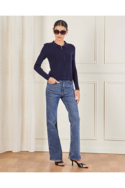 REDTAG Women Navy Zipper Front Knitted Top