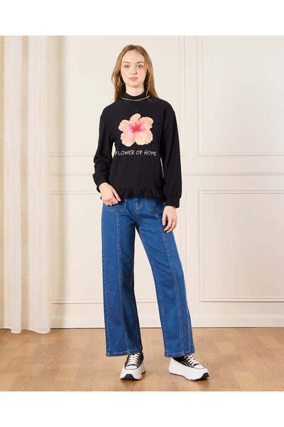 REDTAG Senior Girls Black High Neck Floral Print Top