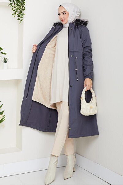 hafsamina Allerli Fur Lined Bondit Coat Smoked Hm2330