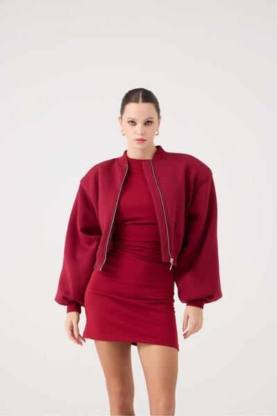 HOLLY LOLLY Crop Cut Shoulder Pad Piece Parker Bomber Jacket Claret Red