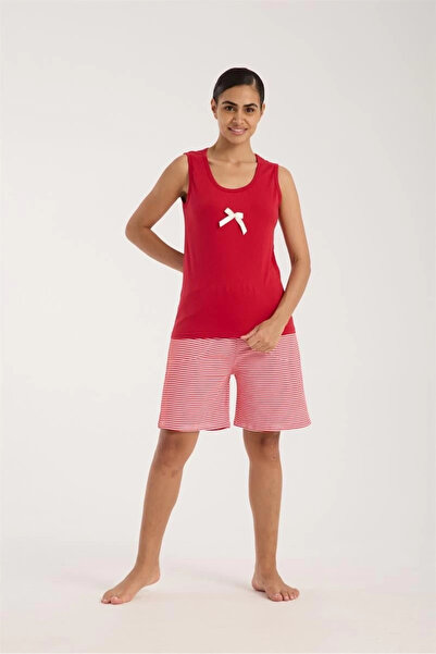 alfa expres Clothing Women's Red Ribbon Detailed Striped Shorts Pajama Set