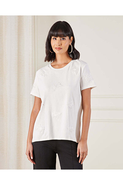 REDTAG Women White Butterfly Embroidered Jersey Top