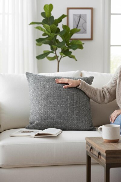 ANJEAHOME Moselle Natural Patterned Gray Cushion Cover 45X45 cm |   Washable Fabric, Durable and Stylish Design