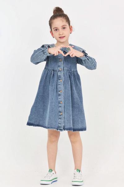 MODANINO Girl's Jean Dress with Collar Detail and Buttoned down Hem 12339
