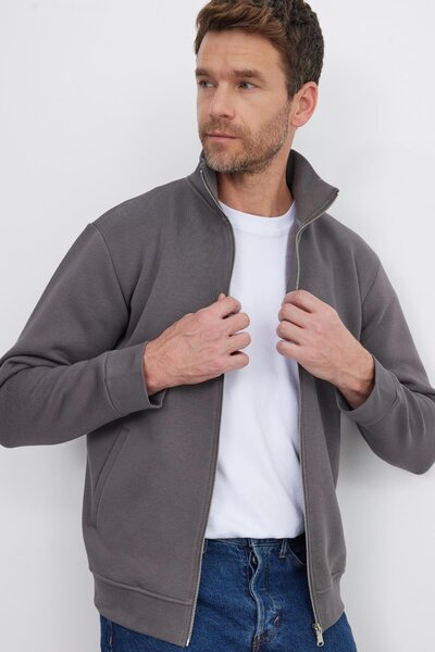 Tudors Unisex Relax Fit Comfortable Cut Cotton Fleece Inside Zippered Gray D Mock Neck Flato Pocketed Sweatshirt Cardigan