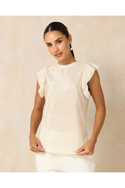 REDTAG Women Beige Plisse Ruffle Top