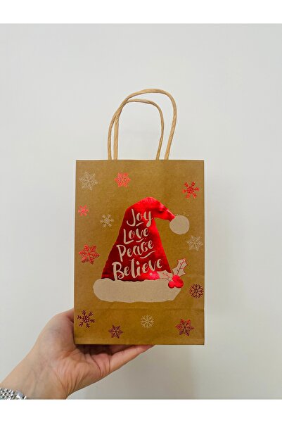 HUR-AY PACK YILBAŞI ÖZEL KÜÇÜK BOY KAĞIT ÇANTA - 3 FARKLI KIRMIZI BASKILI KRAFT SAPLI ÇANTA - 15X21 CM -SERİ 2