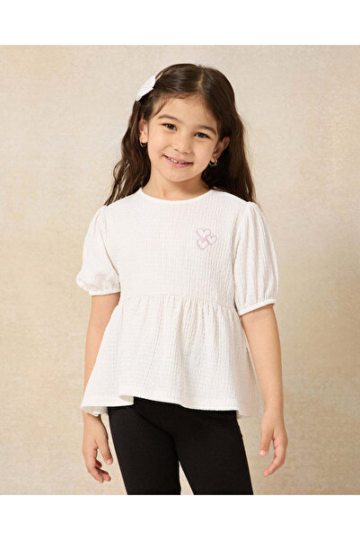 REDTAG Girls Ivory Woven Jacquard Casual Jersey Top With Puff Sleeve