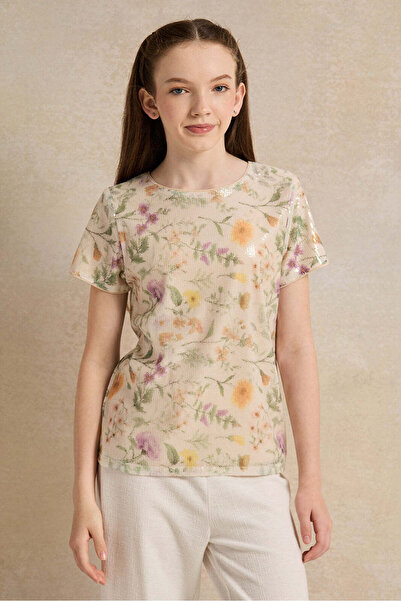 REDTAG Senior Girls Cream Floral Sequins Top