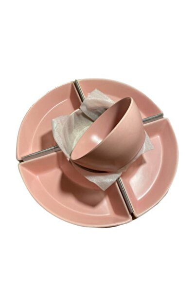 Import China Set aperitive, ceramică, 5 boluri + 1 platou din lemn, roz, rotund, 30x8 cm