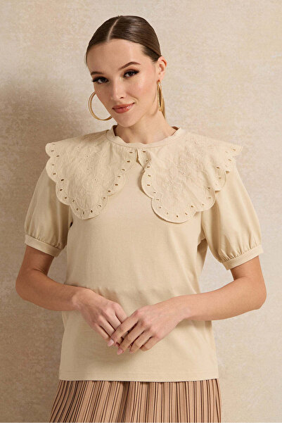 REDTAG Women Beige Peter Pan Collar Top