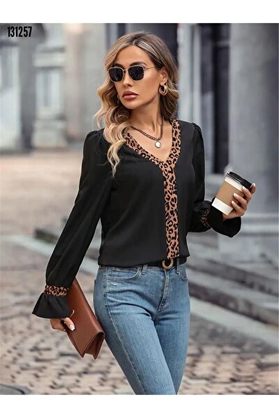 Femella Women Fashion Bluză de damă cu decolteu în V, cu detalii leopard, din...