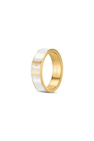 Escada Scarlett Gold Plated Ring with Logo Cutout and White Enamel Accent