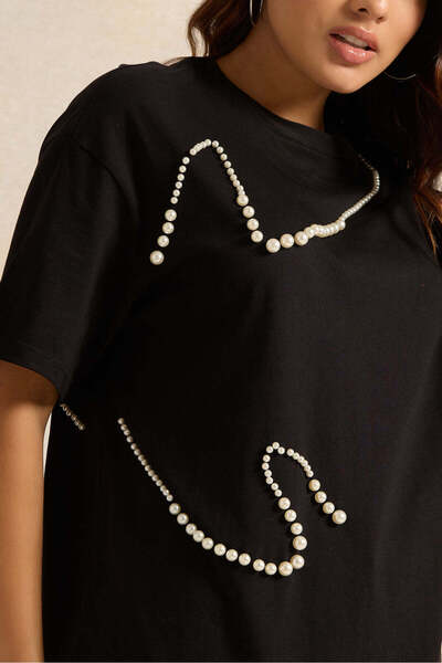 REDTAG Women Black Pearl Beaded T-shirt