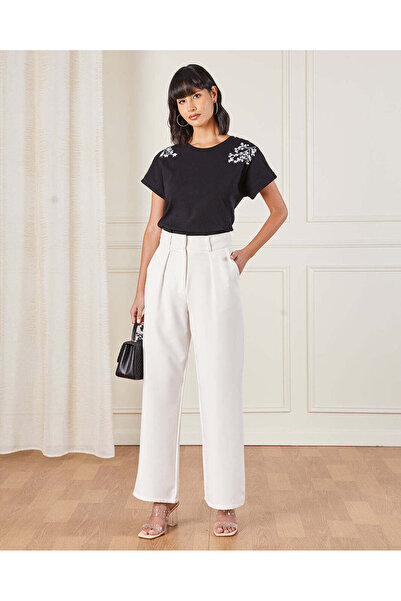 REDTAG Women Black Floral Embroidery Jersey Top