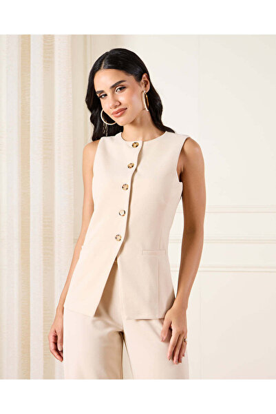 REDTAG Women Beige Button Down Pocket Detail Long Vest