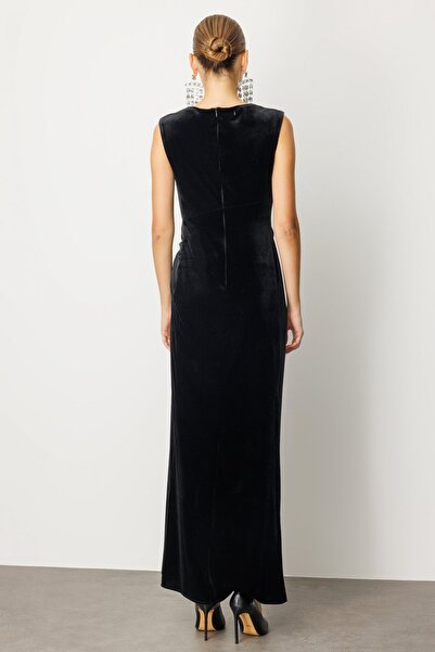 Ekol Beli Büzgülü Maxi Kadife Elbise 4141