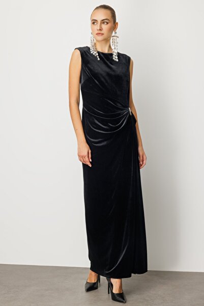 Ekol Beli Büzgülü Maxi Kadife Elbise 4141