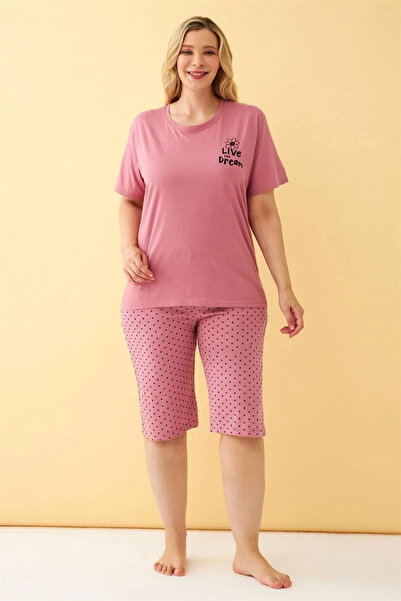 alfa expres Clothing Women's Salmon “Live the Dream” Lettering Large Size Capri Pajama Set