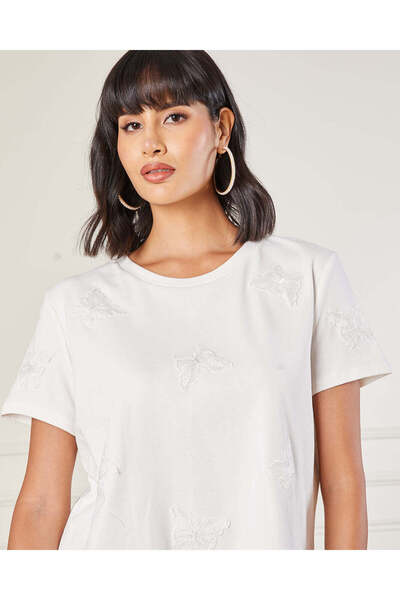REDTAG Women White Butterfly Embroidered Jersey Top