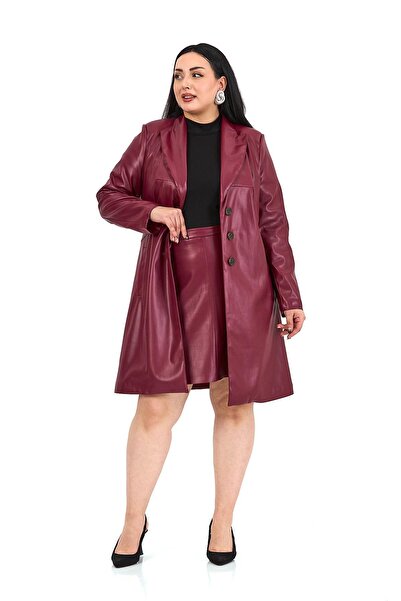 DISENTIS MODEST Plus Size Faux Leather Burgundy Mini Skirt