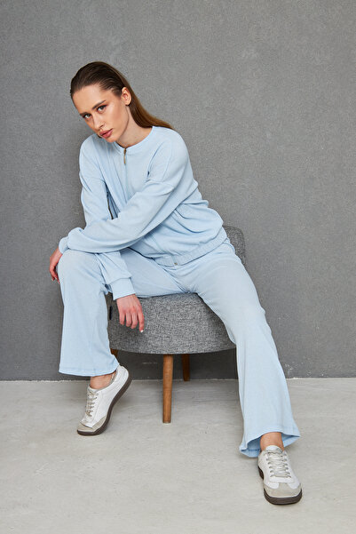 ESPOİRPLUS Women's Baby Blue Ka Ribbed Knit Antholone Bomber Jacket Bottom Top Set