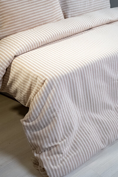 Perotti Natural Ranforce Beige Striped Single Duvet Cover Set 100% Organic Cotton