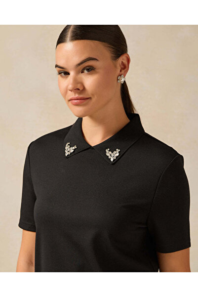 REDTAG Women Black Embellished With Rhinestone Collar Polo T-shirt