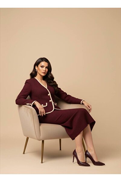 Siseniorita Elegant Women's Tweed Wool Suit, Midi Skirt and Fitted Jacket, with Contrasting Trim