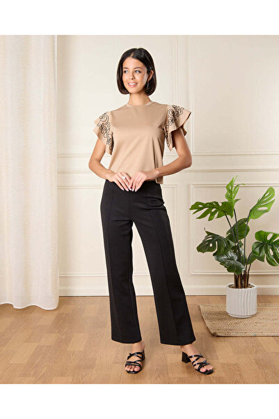 REDTAG Women Beige Embroidered Flutter Sleeves Top