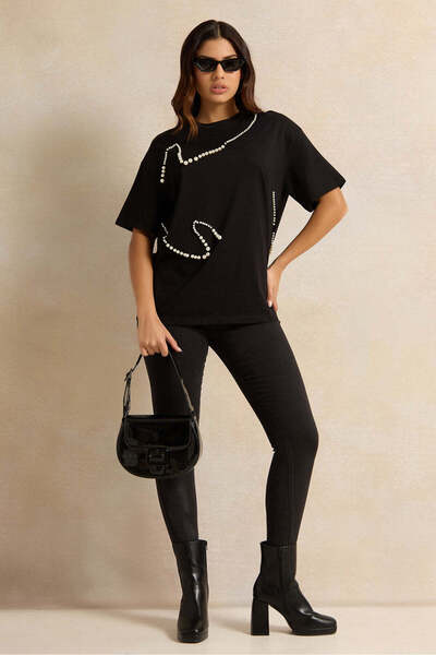 REDTAG Women Black Pearl Beaded T-shirt