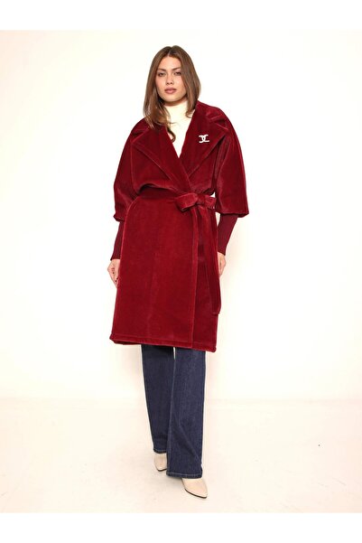 Coral 7874 Sleeve Tip Wide Ribbed Coat Burgundy