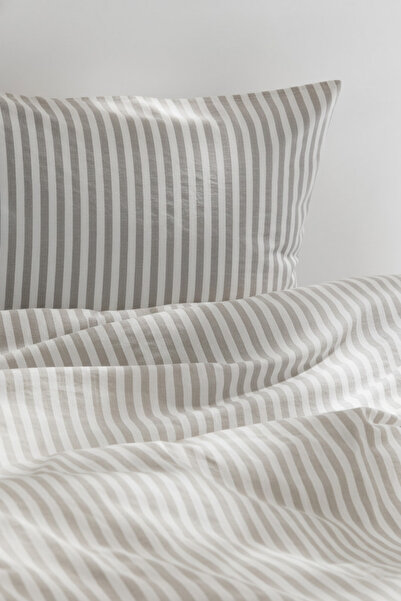 Perotti Natural Ranforce Gray Striped Double Duvet Cover Set 100% Organic Cotton
