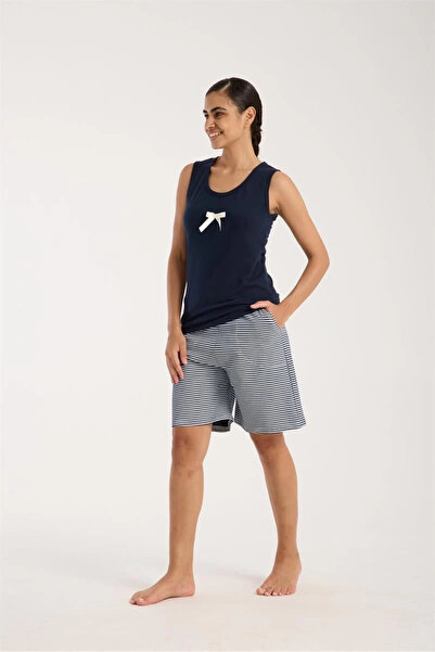 alfa expres Clothing Women's Navy Blue Ribbon Detailed Striped Shorts Pajama Set